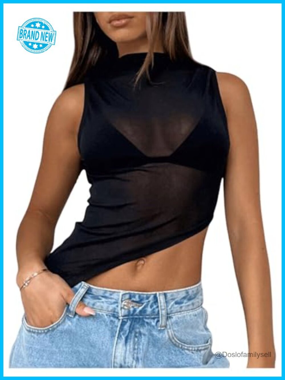 Sheer Mesh Mock Neck Slim Fit Sleeveless Crop Tank Top Going Out